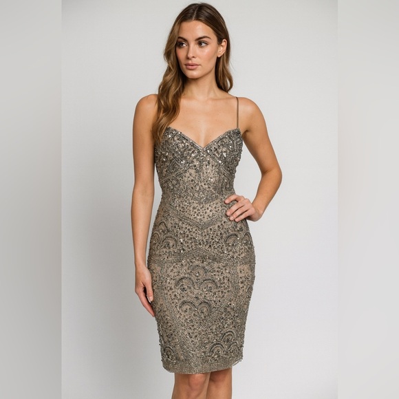 Aidan Mattox beaded cocktail  dress 6 100% silk flapper glam boho Hollywood - Picture 1 of 12